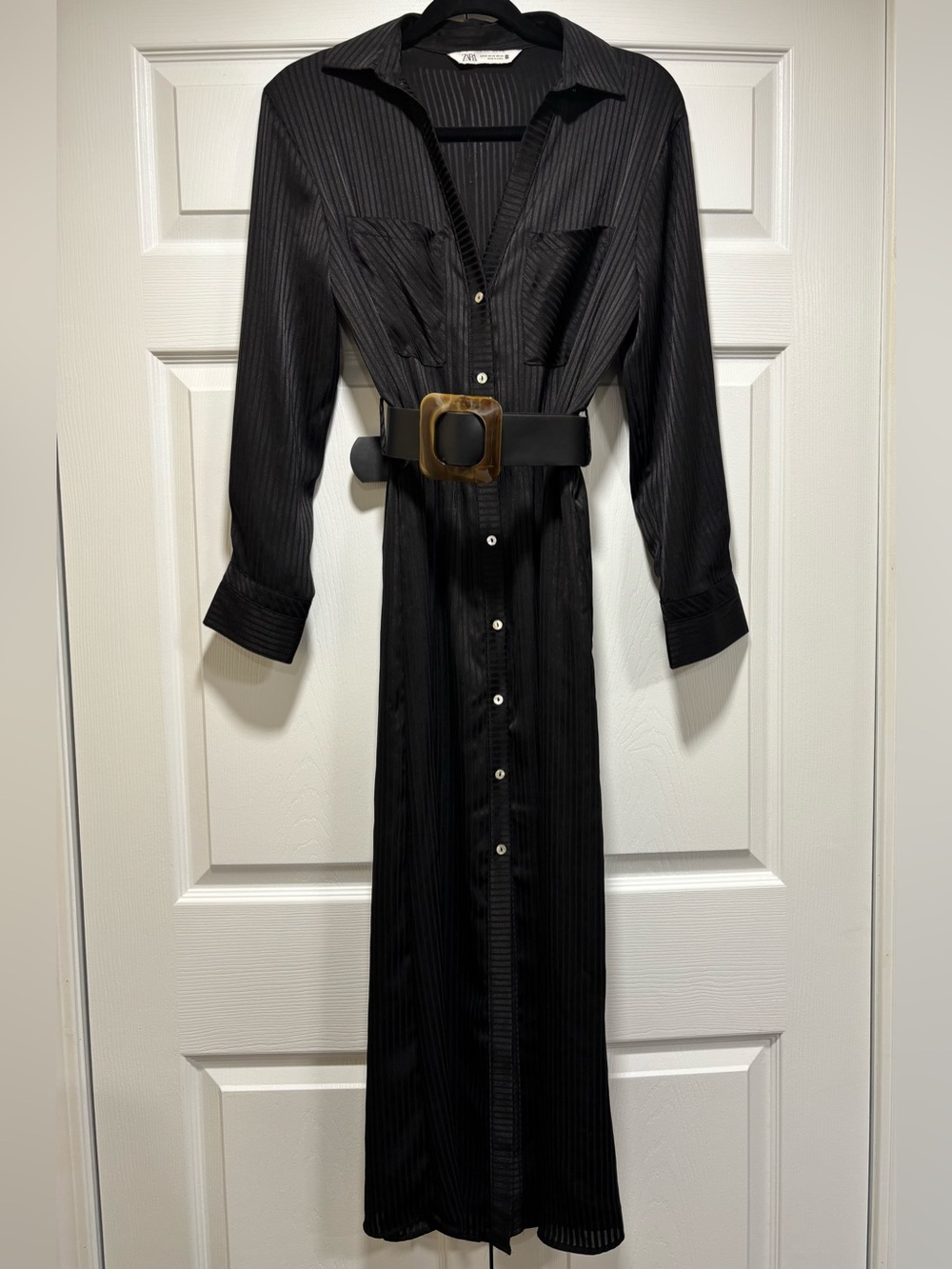 Zara Black Pinstripe Long Shirt Dress with Statement Belt